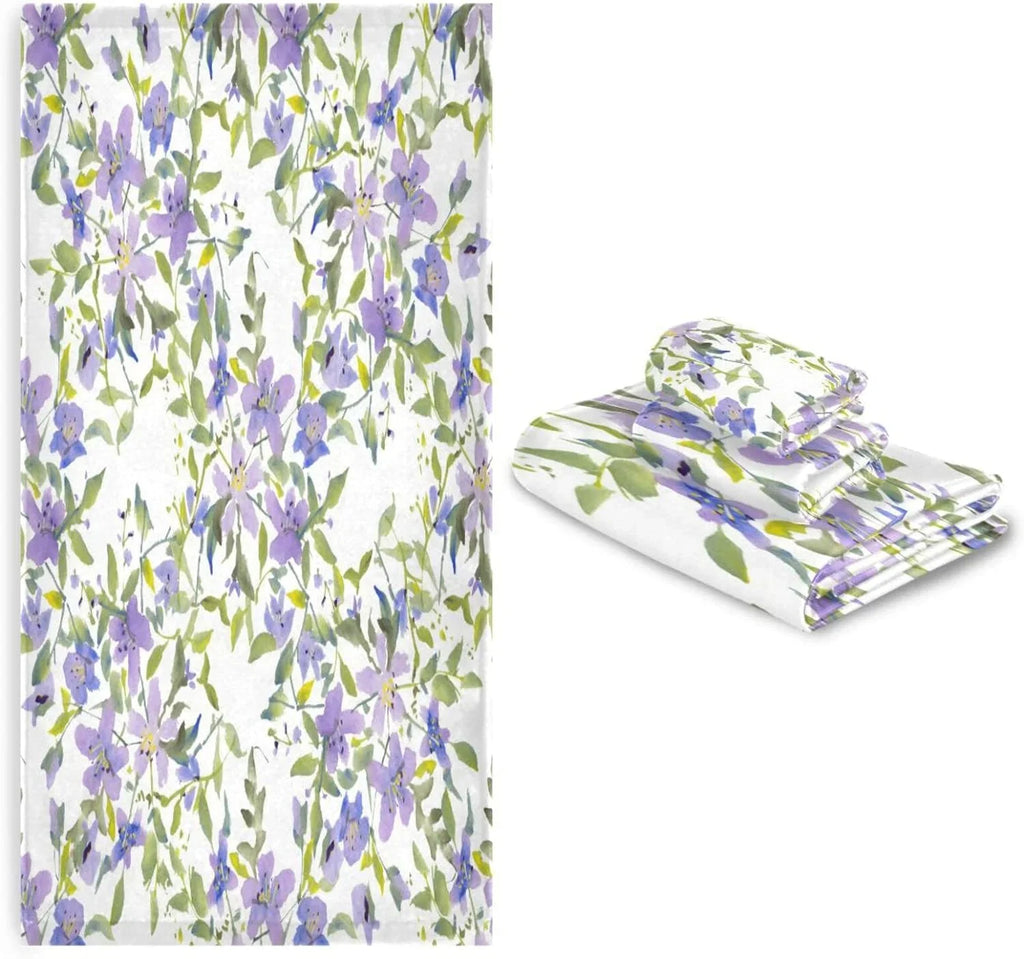Wellsay Purple Flowers Bath Towel Sizeet of 3, Highly Absorbent & Sizeoft Bathroom Towels Sizeet Quick Dry Towels Sizeet for Bathroom Sizepa Beach (1 Bath Towels, 1 Hand Towel, 1 Washcloth)