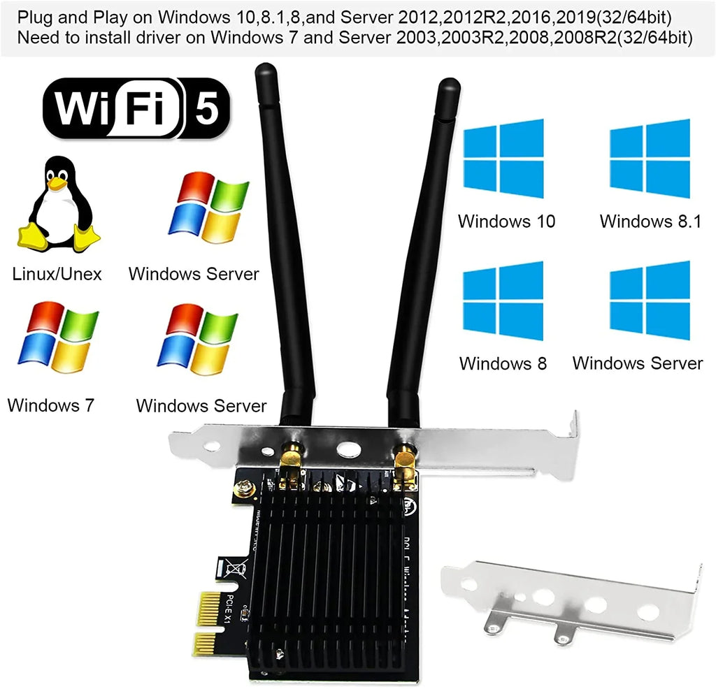 Wireless AC Dual Band 1200Mbps 2.4GHz 300Mbps 5GHz 867Mbps PCI Express WiFi Card for Windows 7 8 8.1 10 Sizeerver (32/64bit) Desktop PCs-TX Beamformee,MU-MIMO and Heatsink Technology