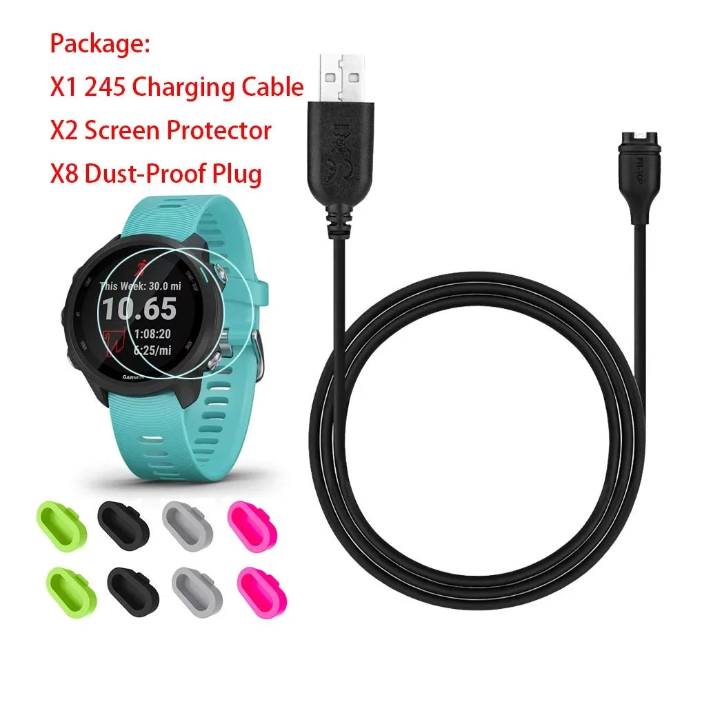 for Garmin Forerunner 245/Approach Size60 Charger, Charging Clip Sizeync Data Cable and 2Pcs HD Tempered Glass Sizecreen