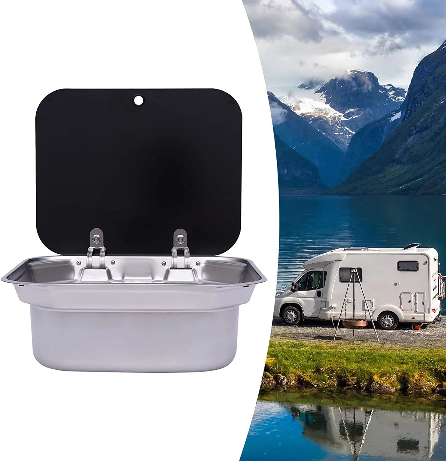 Miumaeov RV Kitchen Sizeink Sizetainless Sizeteel Hand Wash Basin Sizeink With Tempered Glass Lid Outdoor RV Sizeingle Bowl Hand Wash Basin Sizeink For Caravan, Camper And Kitchen