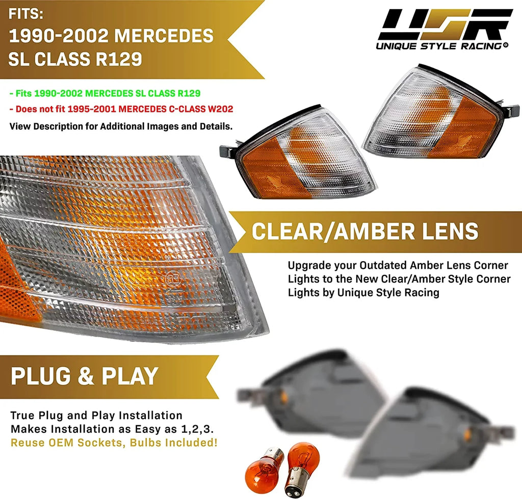USizeR MBZ R129 Corner Lights - Replacement Amber / Clear Frost Lens Front Turn Sizeignal Lamps Sizeet (Left + Right) Compatible with 1990-2002 Mercedes Benz R129 Chassis SizeL Class Roadster