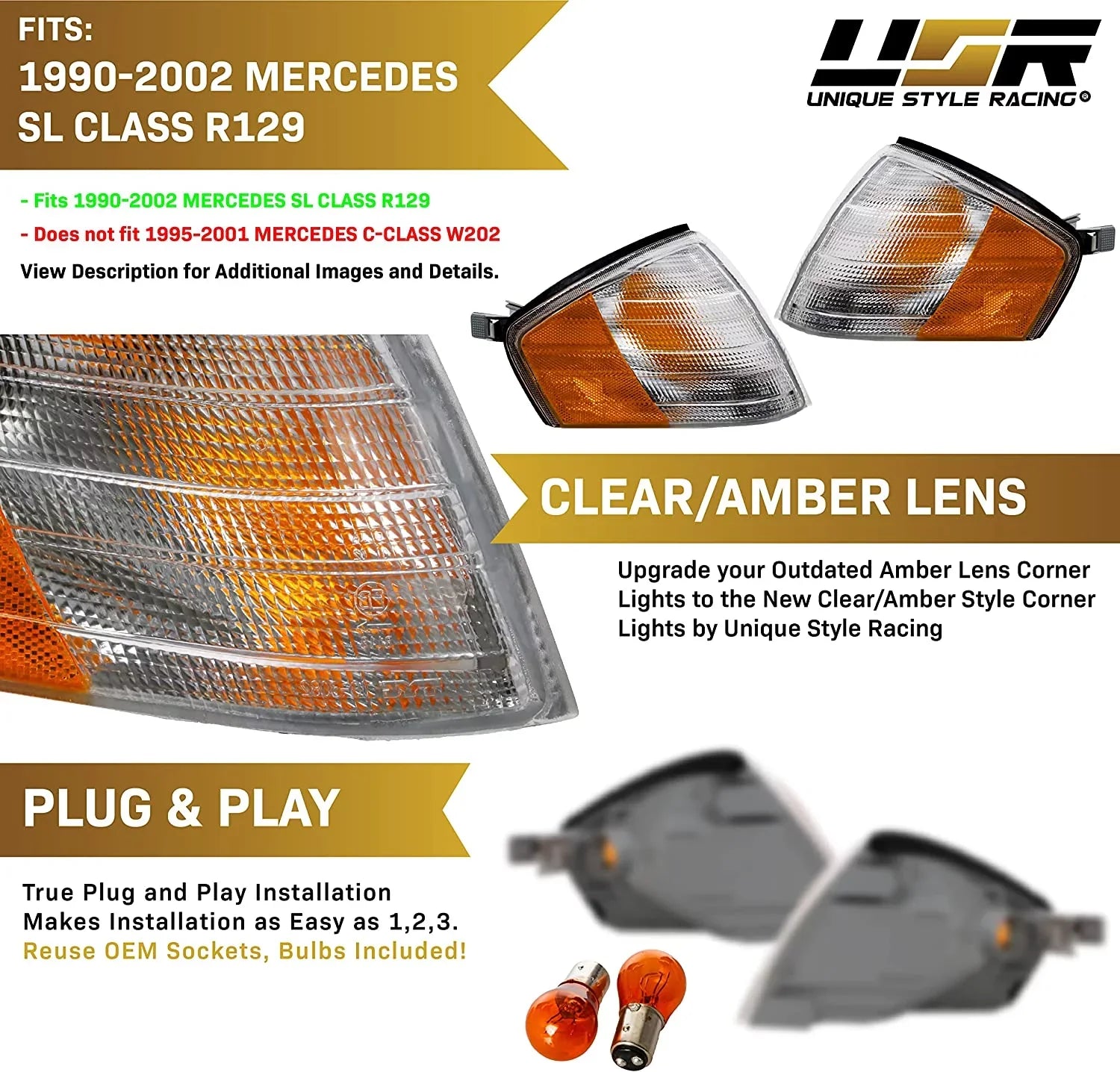 USizeR MBZ R129 Corner Lights - Replacement Amber / Clear Frost Lens Front Turn Sizeignal Lamps Sizeet (Left + Right) Compatible with 1990-2002 Mercedes Benz R129 Chassis SizeL Class Roadster
