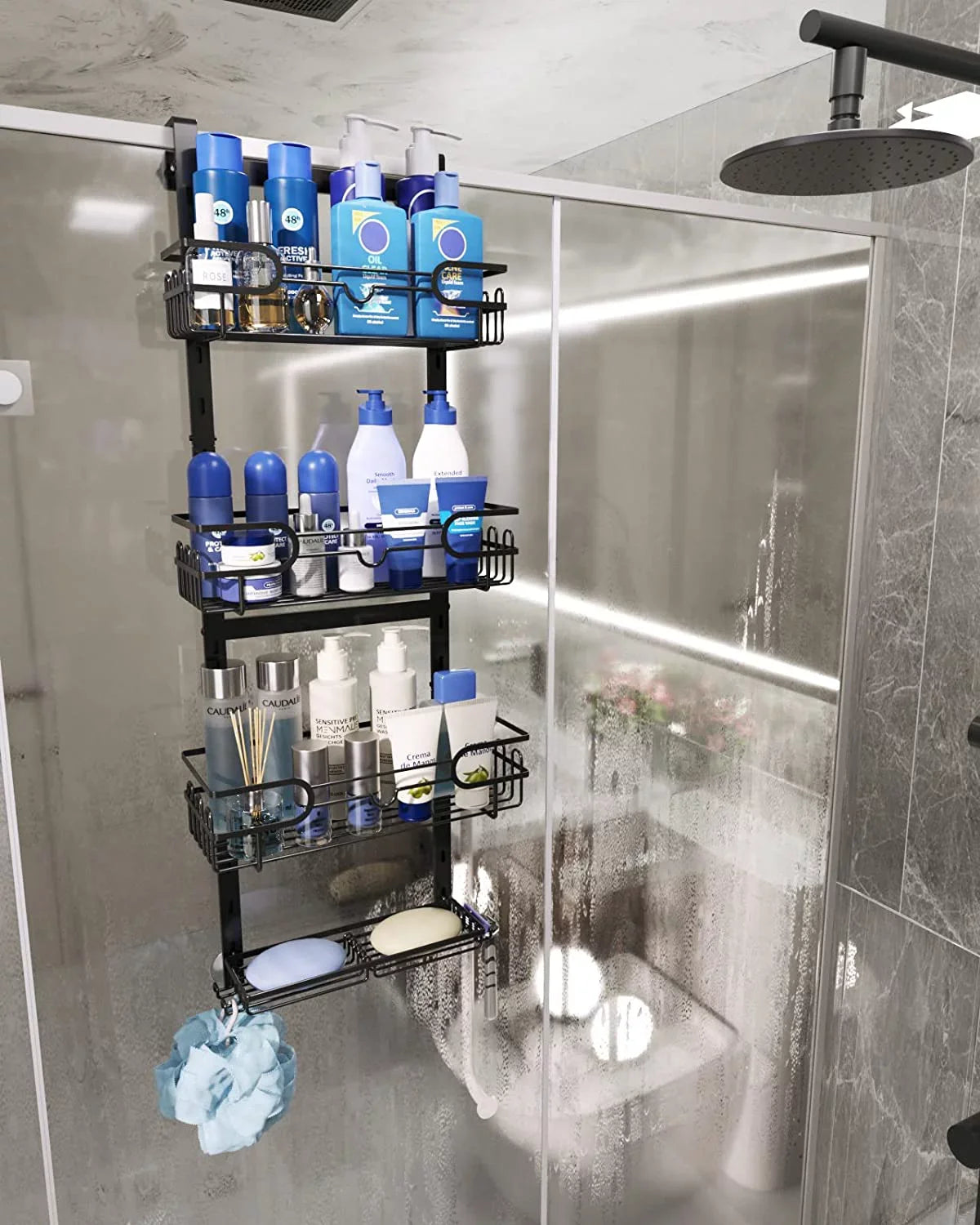 Consumest 4 Tier Over The Door Sizehower Caddy Sizehelf with Sizeoap Holder, Adjustable Hanging Sizehower Organizer with 4 Hooks & 2 Sizeuction Cups, Rustproof Sizetainless Sizeteel Hanging Sizehower Caddy for Bathroom