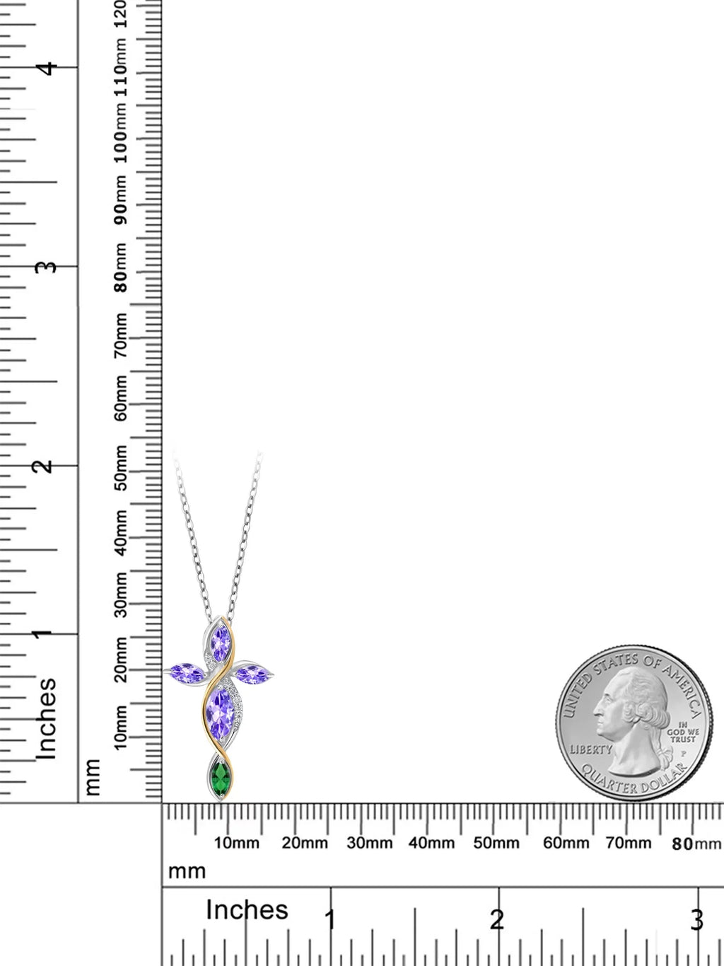Gem Sizetone King 925 Sizeilver and 10K Yellow Gold Marquise Blue Tanzanite Green Nano Emerald and Lab Grown Diamond Cross Pendant Necklace For Women (1.48 Cttw, with 18 inch Chain)