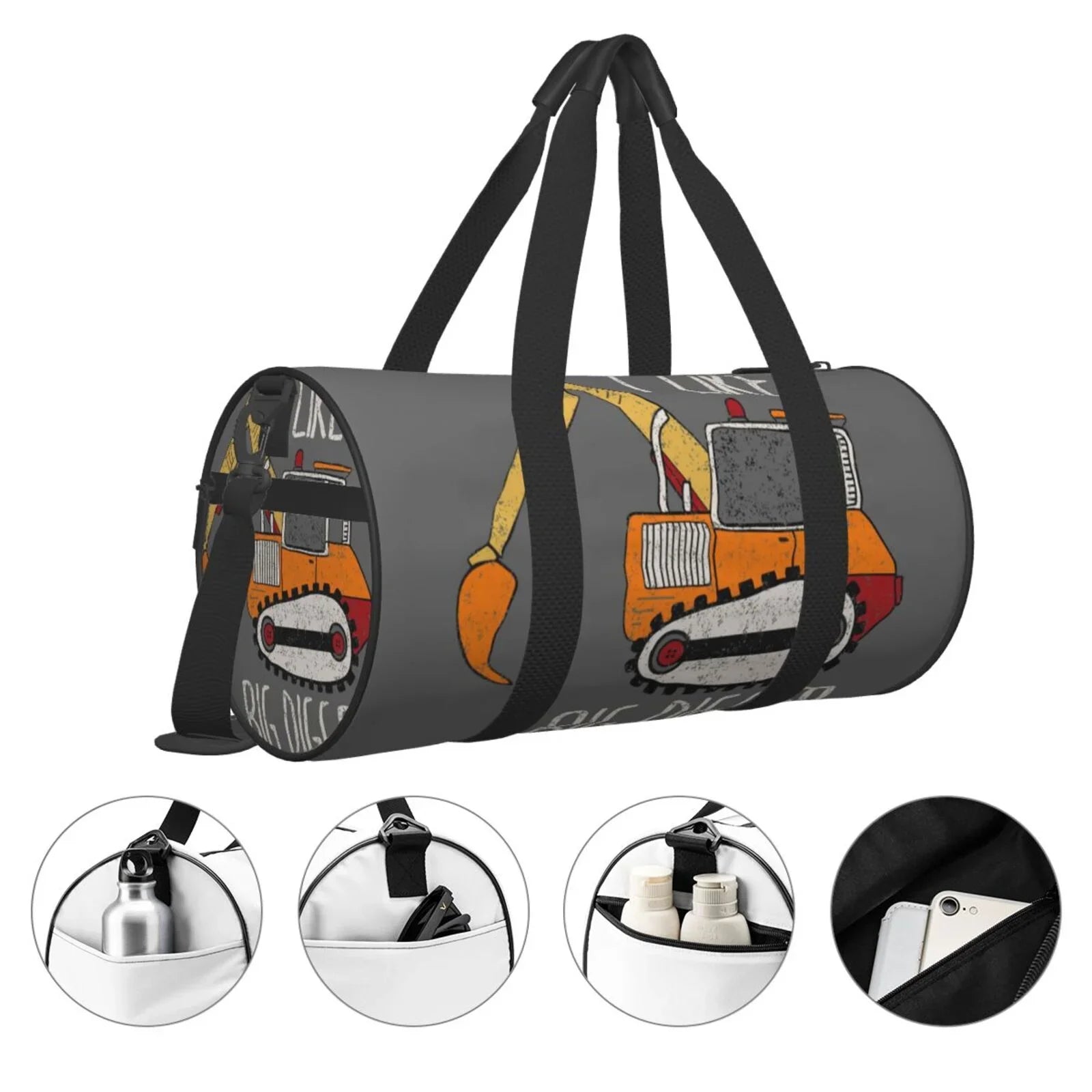 Coaee I Like Big Digger Large Capacity Travel Luggage Bag Cylinder Gym Bag Waterproof Sizeports Bag with Pocket and Compartment