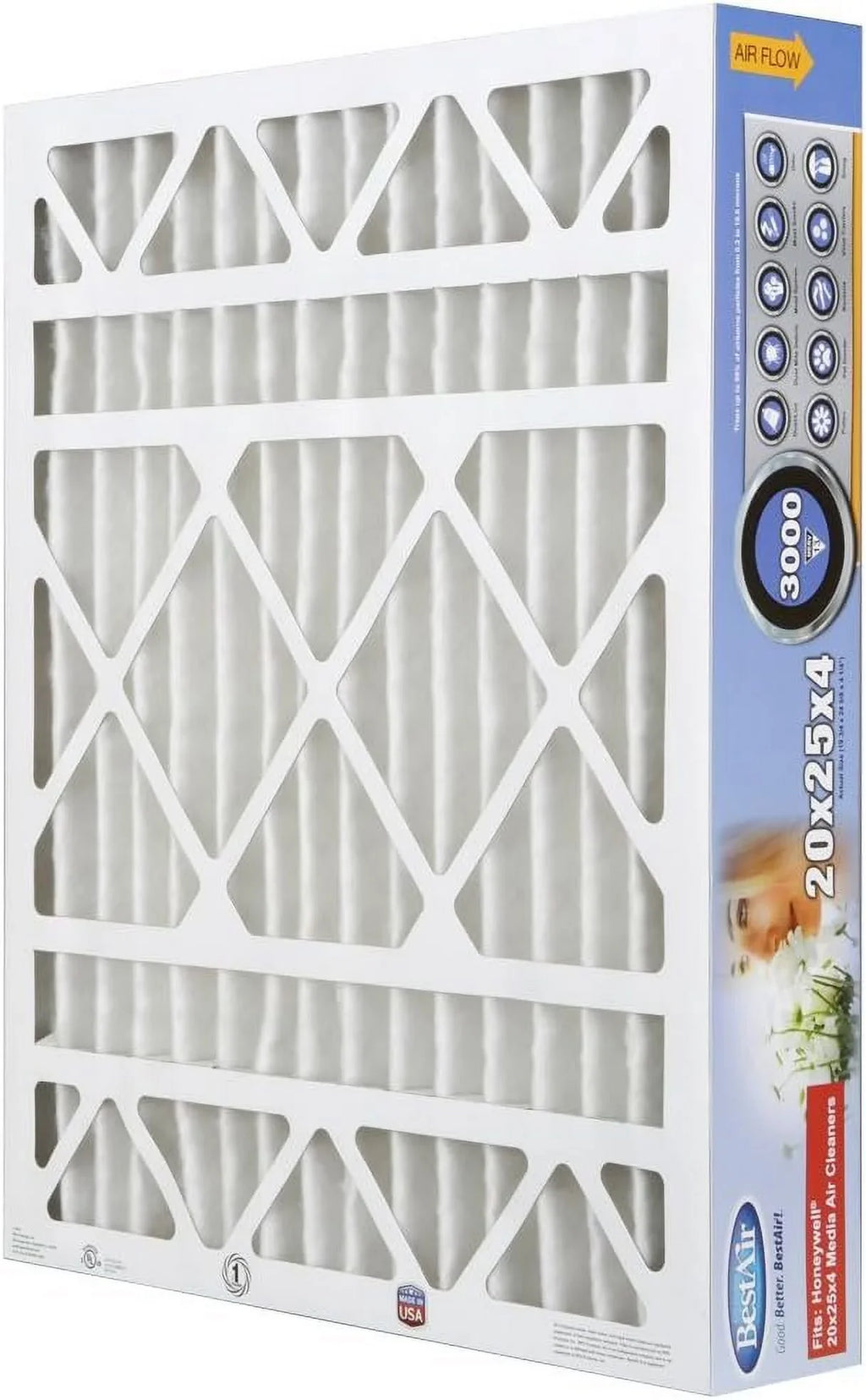 BestAir HW2025-13R AC Furnace Air Filter, 20" x 25" x 4", MERV 13, Removes Allergens & Contaminants, Fits 100%, For Honeywell Models, Pack of 3