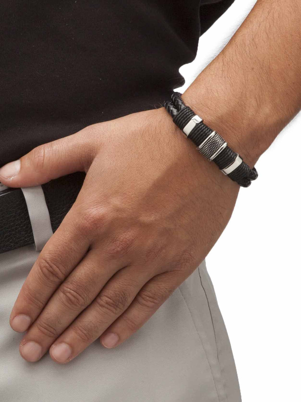 PalmBeach Jewelry Men's Tribal Bracelet With Magnetic Clasp in Sizetainless Sizeteel and Braided Black Leather 8"