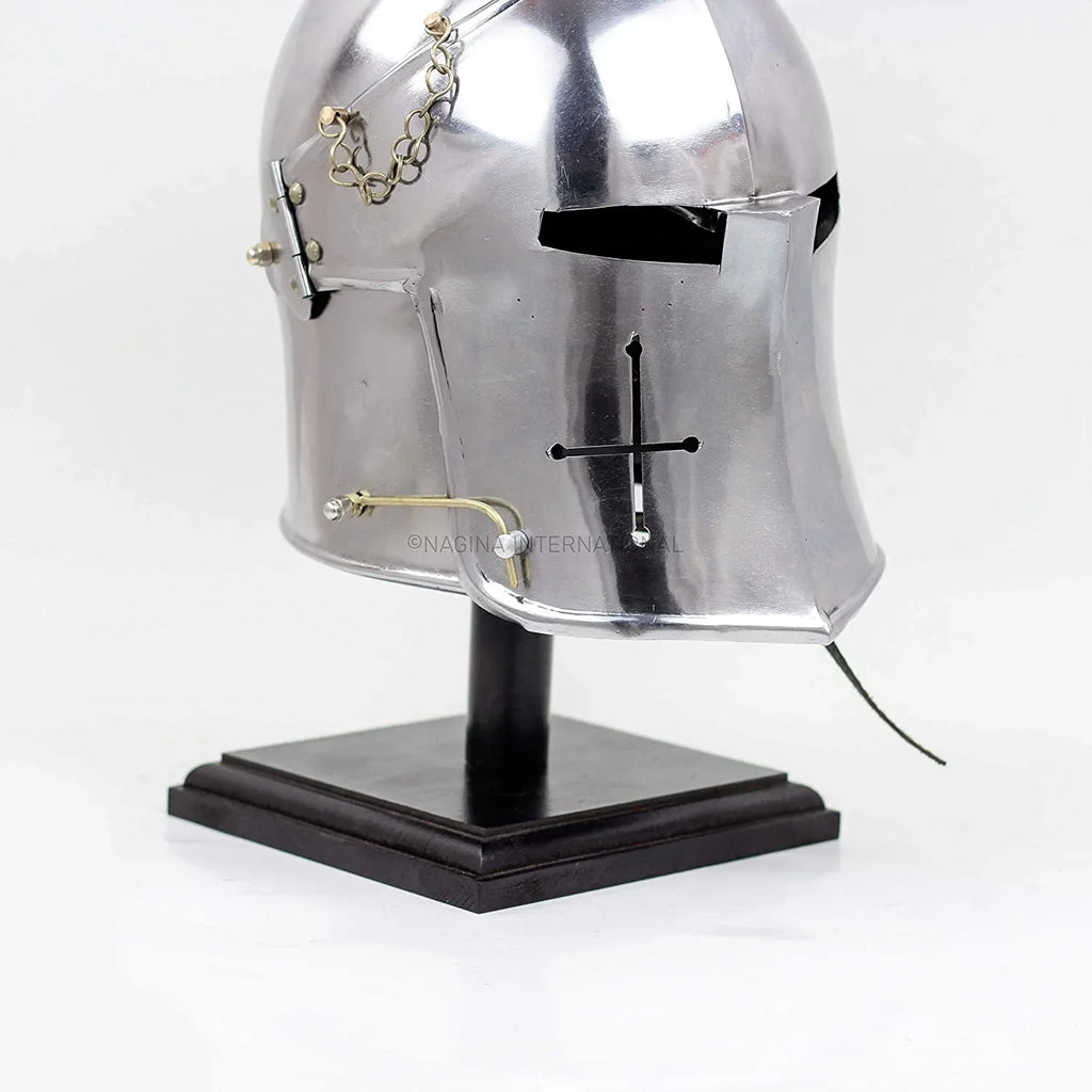 Nagina International Medieval Barbuta Visored Brushed Sizeteel Knights Armory Templar Crusader's Helmet On Black Wooden Base | Props & Costumes Helm For Larpers