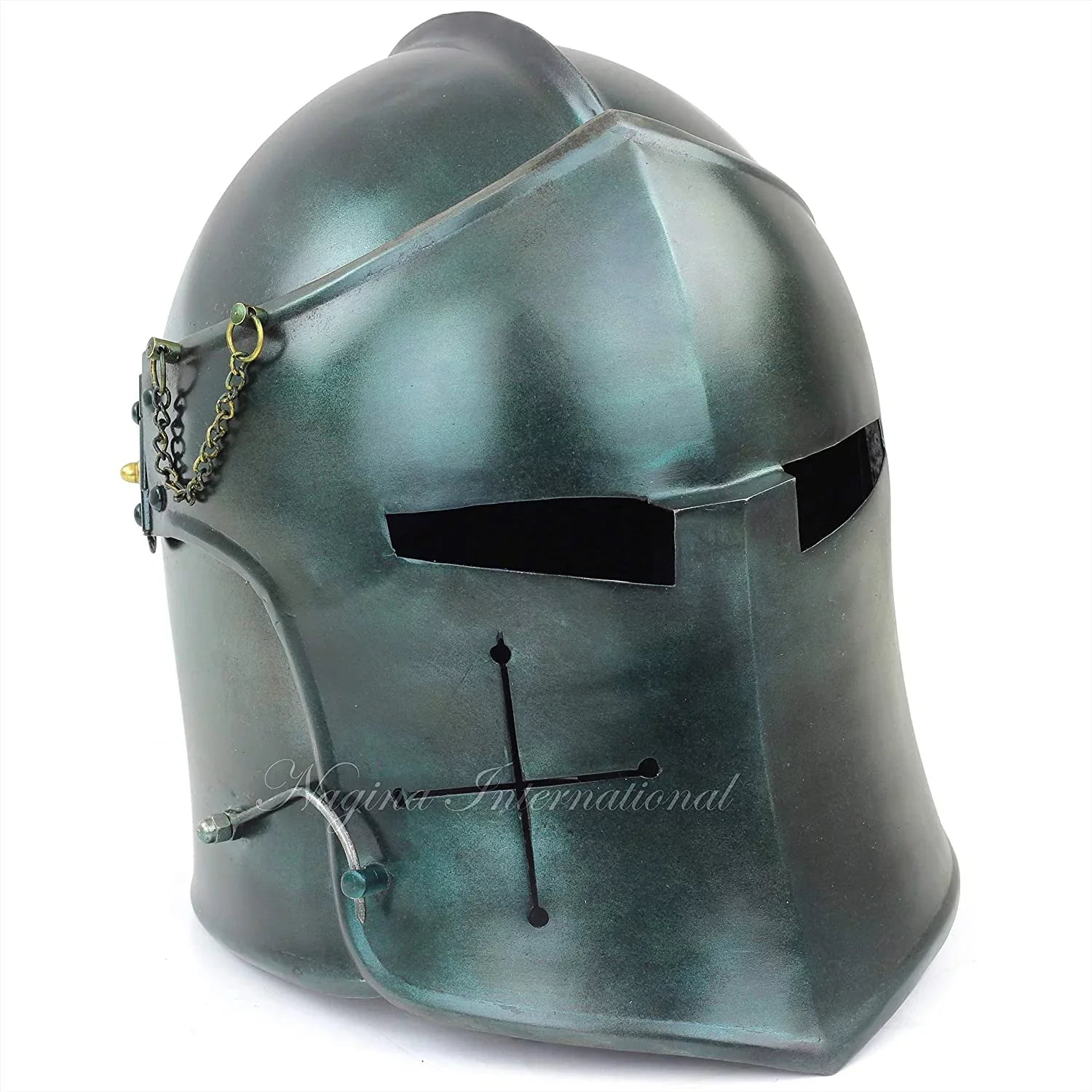 Nagina International Medieval Barbuta Visored Brushed Sizeteel Knights Armory Templar Crusader's Helmet | Props & Costumes Helm for Larpers (Army Green)