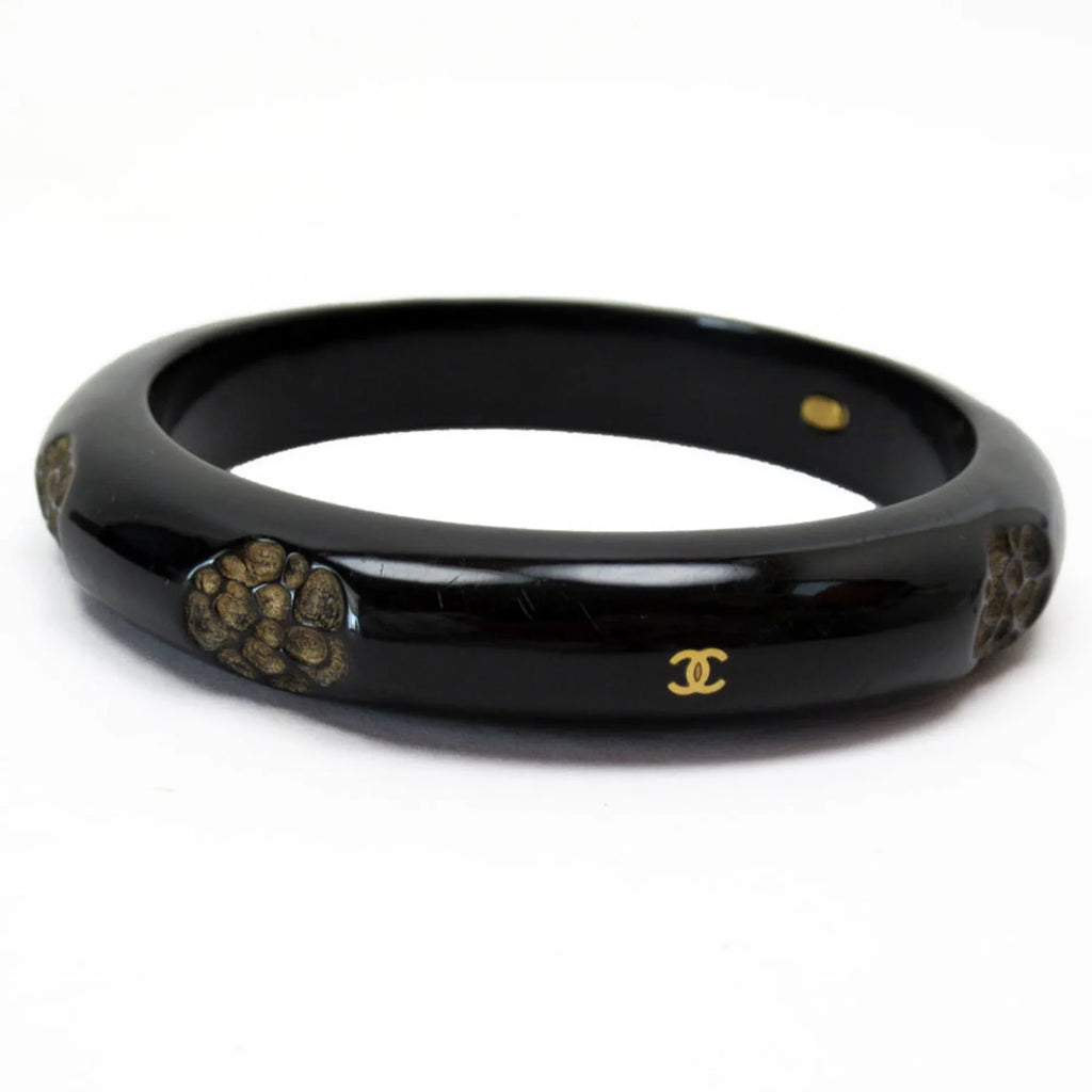 Pre-Owned CHANEL Bangle Bracelet Camellia Coco Mark Wood Black/Beige Women's (Good)