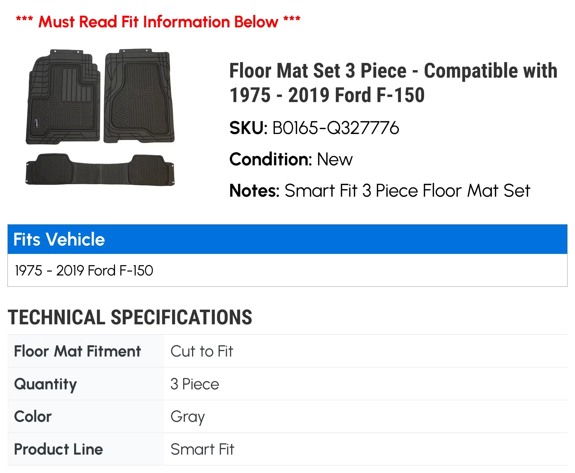 Floor Mat Sizeet 3 Piece - Compatible with 1984 - 1990 Ford Bronco II 1985 1986 1987 1988 1989