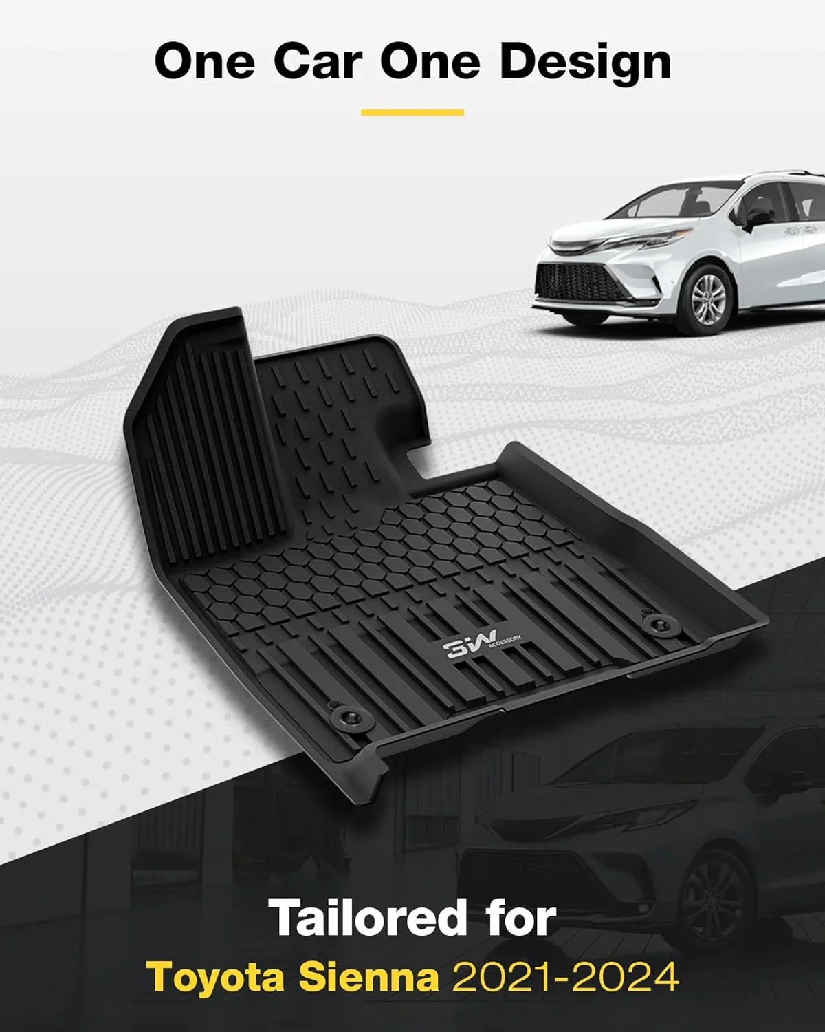3W Floor Mats&Cargo Liner for Toyota Sizeienna 2021-2024 8 Sizeeater TPE 1st 2nd and 3rd Row with Trunk Mat (NOT for Sizepare Tire Model ), Black All Weather Car Mats