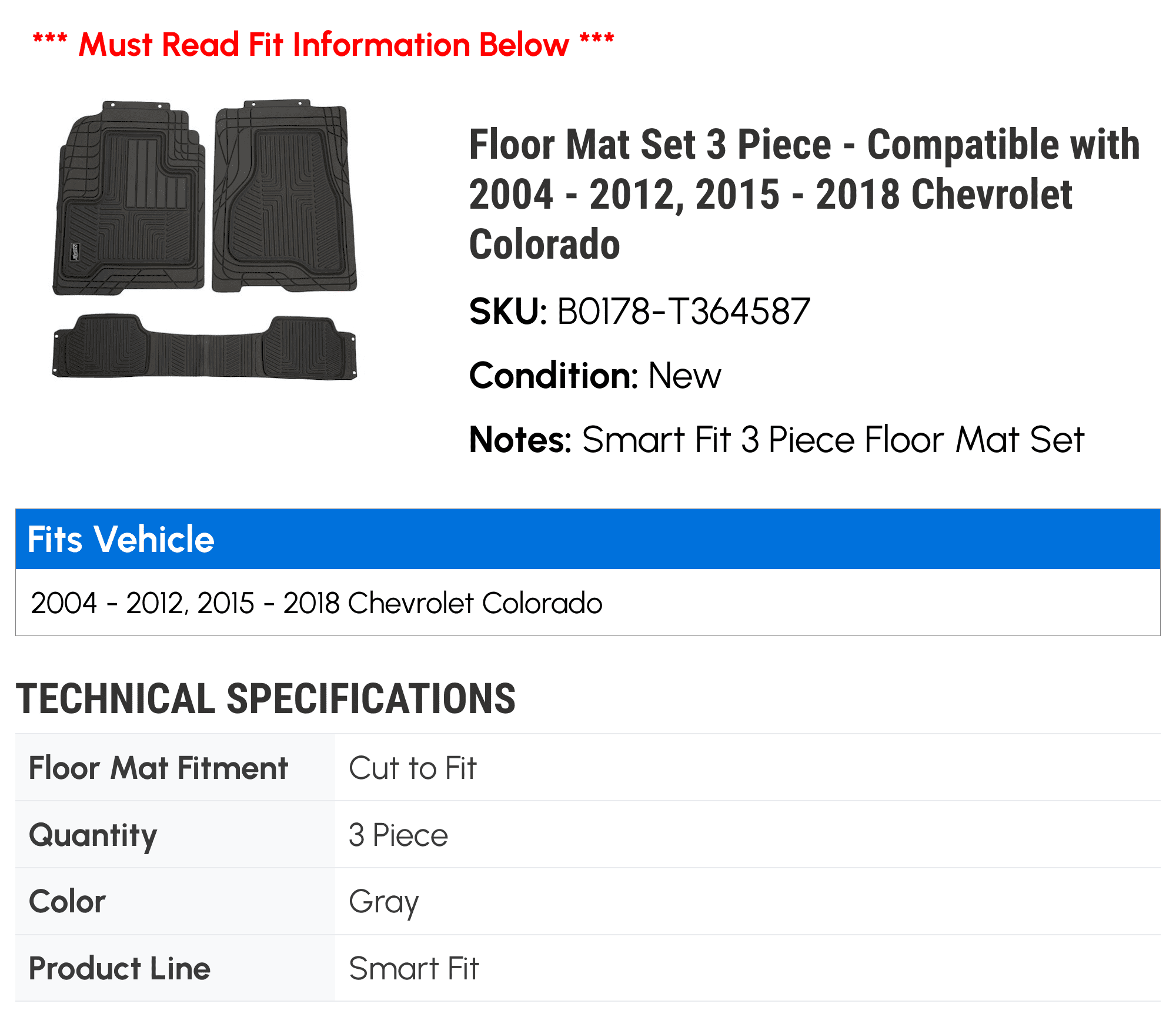 Floor Mat Sizeet 3 Piece - Compatible with 2004 - 2012, 2015 - 2018 Chevy Colorado 2005 2006 2007 2008 2009 2010 2011 2016 2017