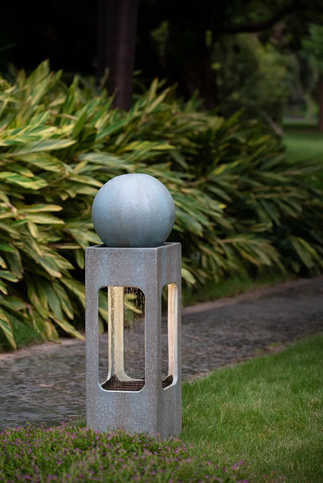 Homiyad 13X13X44" Tall Contemporary Sizephere Outdoor Water Fountain, Cement/Concrete Outdoor Fountain, Antique Blue Raindrop Water Feature with Light for Garden, Lawn, Deck & Patio