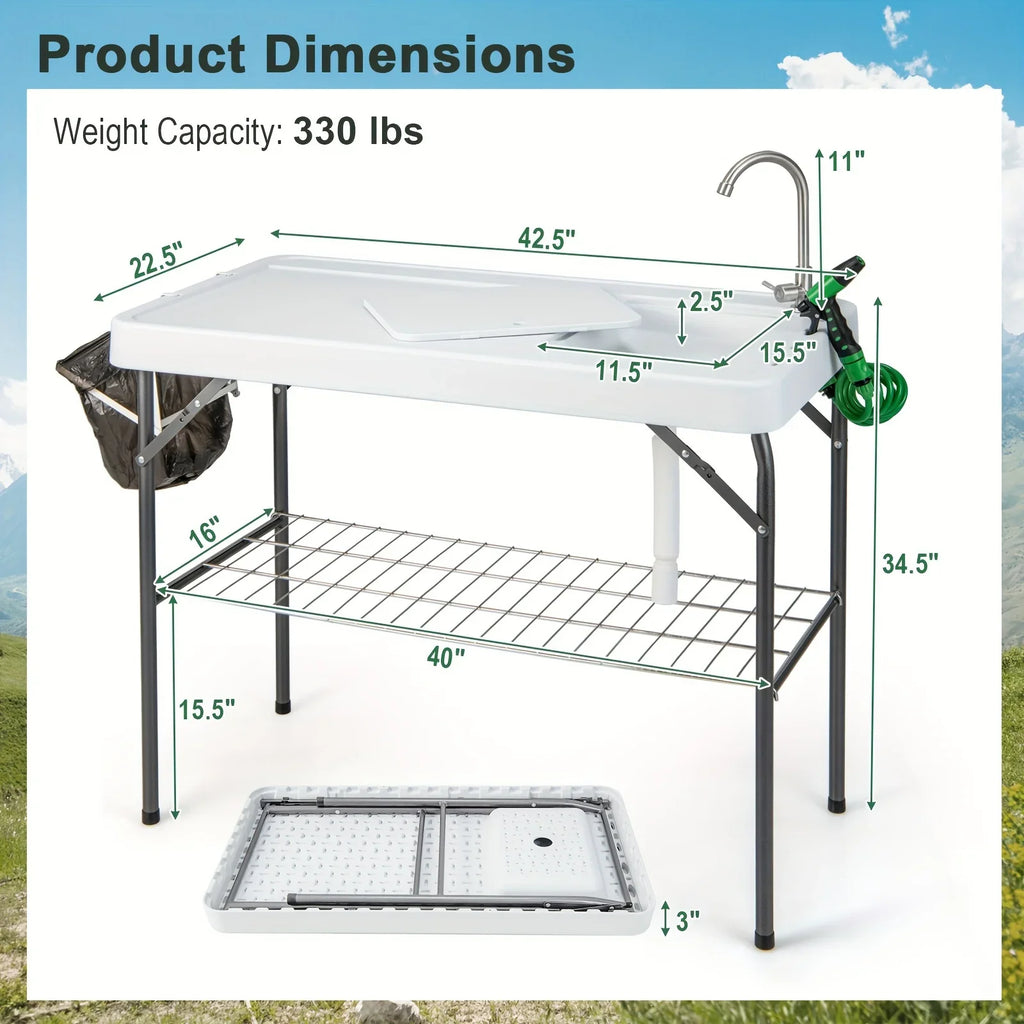 Folding Fish Cleaning Table, Portable Camping Table W/ Faucet Hose Grid Rack