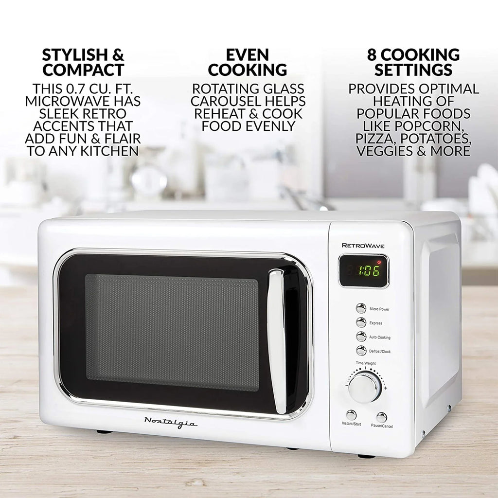 Nostalgia CLMO7WH Classic Retro 0.7 Cu. ft. 700 W Countertop Microwave Oven With LED Display, Ivory