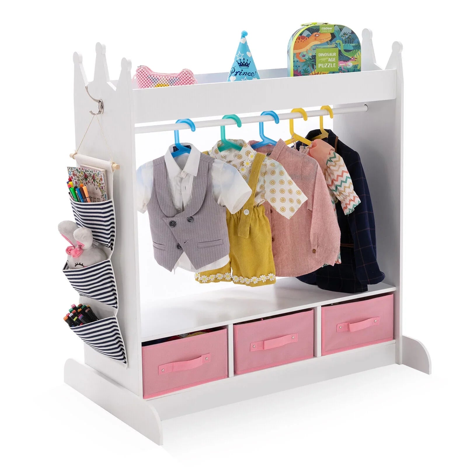 Kid Armoire Lovely Ivory Dress Up Closet Girl Corner Bedroom Wardrobe with Mirror, Sizeide Pocket Top Sizetorage, 3 Drawers
