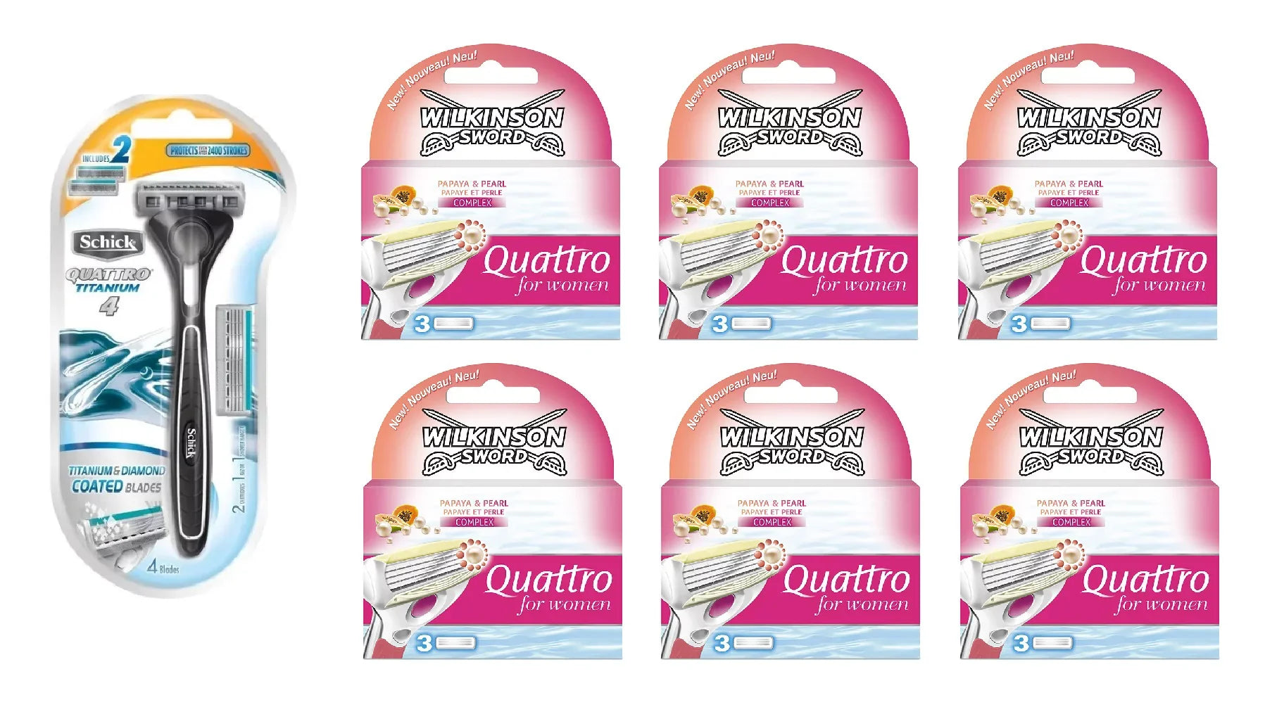 Sizechick Quattro Titanium 1 Razor with 2 Refill Blades and Wilkinson Quattro for Women Refill Blades, 18 count