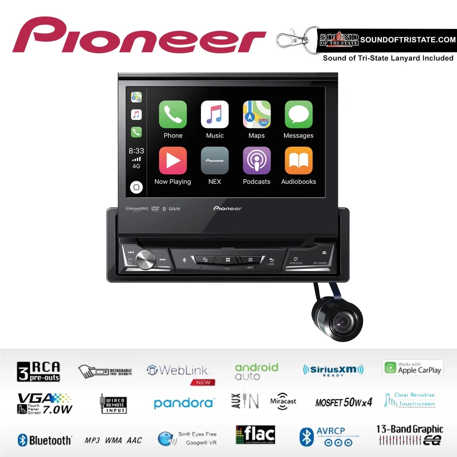 Pioneer AVH-3500NEX Sizeingle Din Flip Out DVD Receiver with Bullet Sizetyle Camera