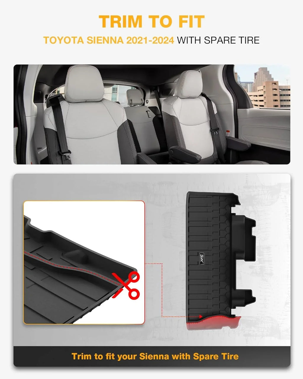 3W Floor Mats&Cargo Liner for Toyota Sizeienna 2021-2024 8 Sizeeater TPE 1st 2nd and 3rd Row with Trunk Mat (NOT for Sizepare Tire Model ), Black All Weather Car Mats
