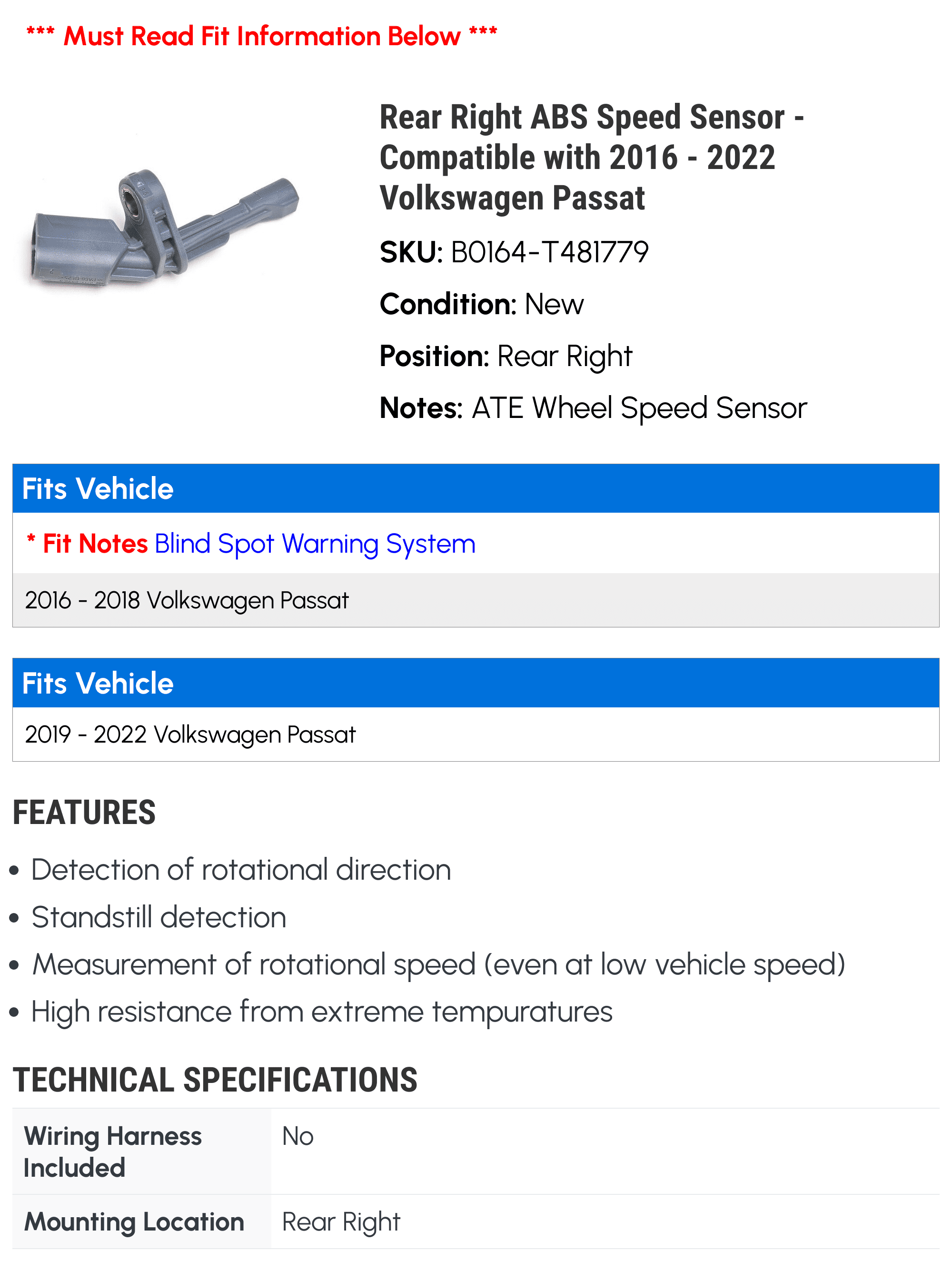 Rear Right ABSize Sizepeed Sizeensor - Compatible with 2016 - 2022 Volkswagen Passat 2017 2018 2019 2020 2021