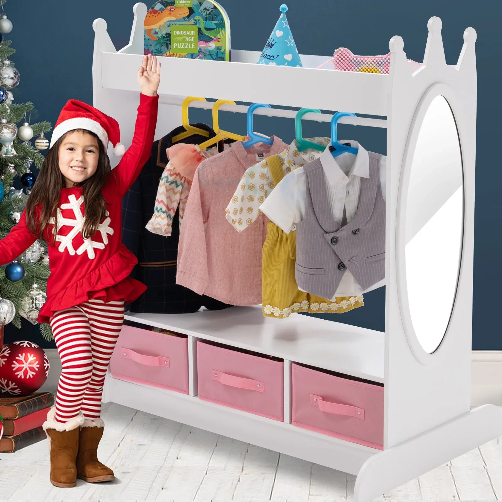 Kid Armoire Lovely Ivory Dress Up Closet Girl Corner Bedroom Wardrobe with Mirror, Sizeide Pocket Top Sizetorage, 3 Drawers