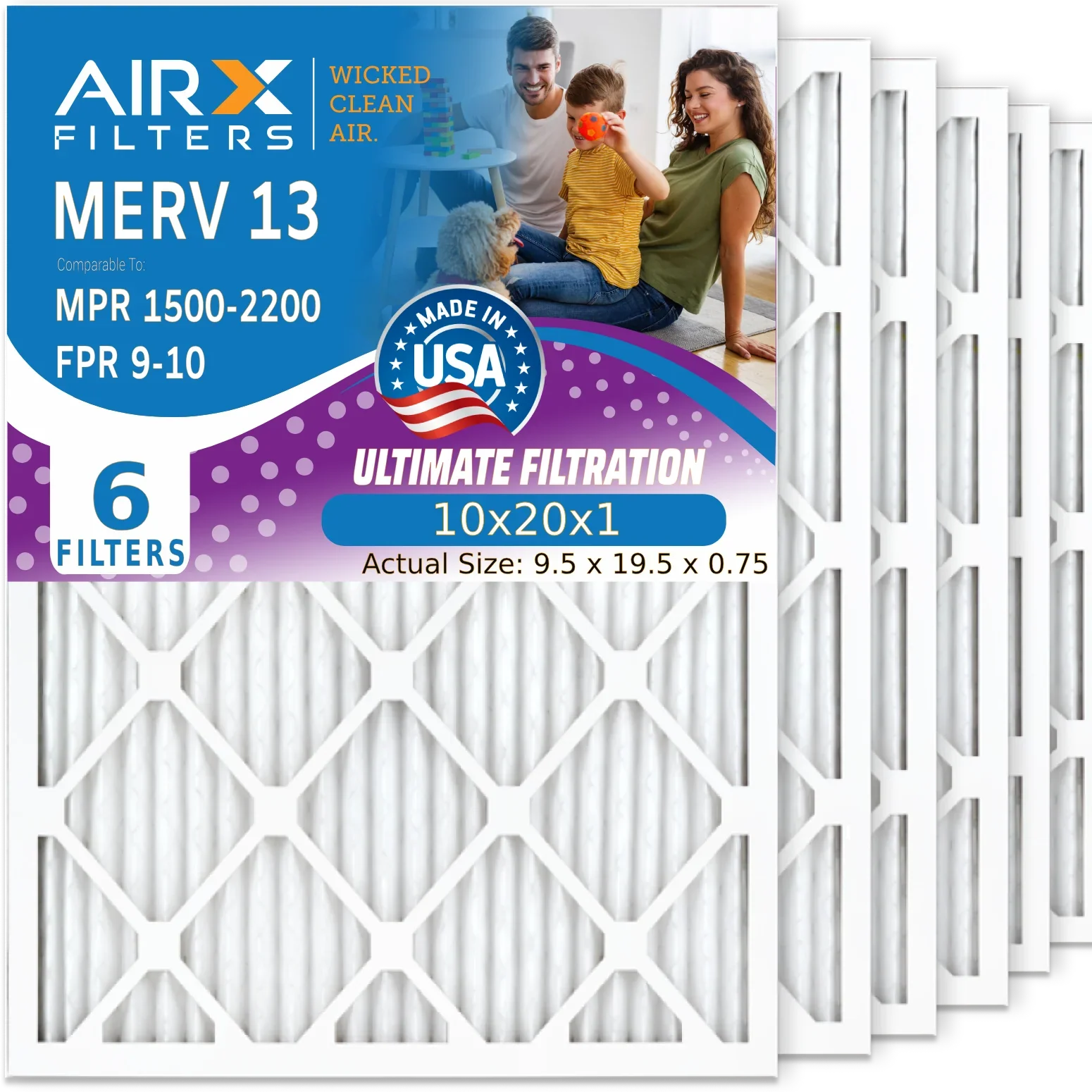 10x20x1 Air Filter MERV 13 Comparable to MPR 1500 - 2200 & FPR 9 Electrostatic Pleated Air Conditioner Filter 6 Pack HVAC AC Premium USizeA Made 10x20x1 Furnace Filters by AIRX FILTERSize WICKED CLEAN AIR.