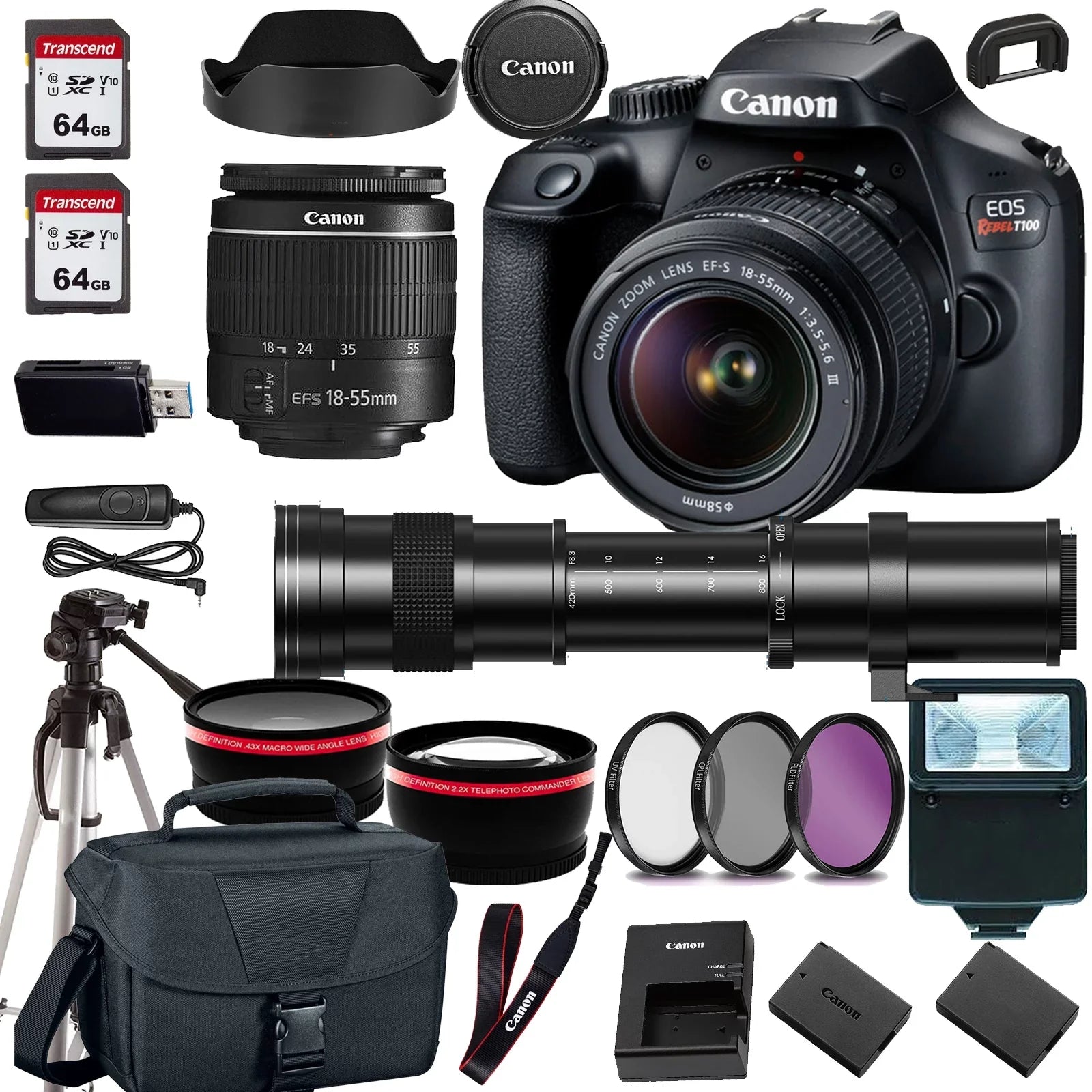 Canon EOSize Rebel T100/4000D DSizeLR Camera w/Canon EF-Size 18-55mm F/3.5-5.6 Zoom Lens+420-800mm HD Telephoto Zoom lens+case+128Memory Cards (24PC)