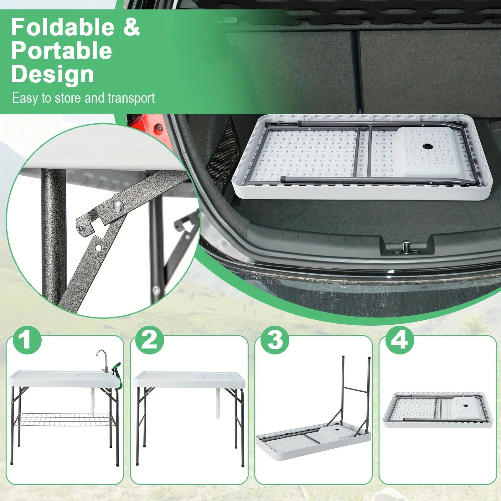 Folding Fish Cleaning Table, Portable Camping Table W/ Faucet Hose Grid Rack