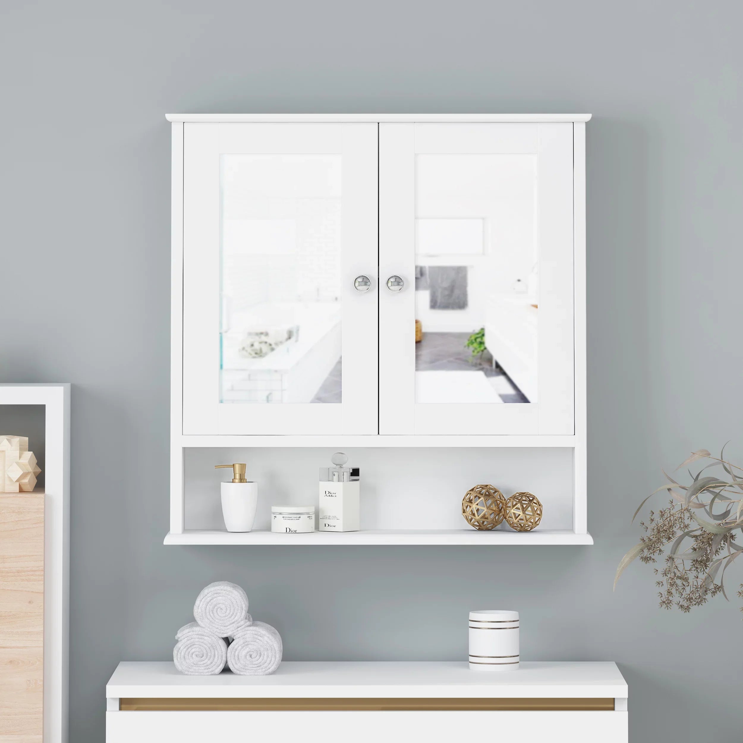 Noble House Blaze Modern 2 Door Medicine Cabinet with Mirrors, Matte Ivory