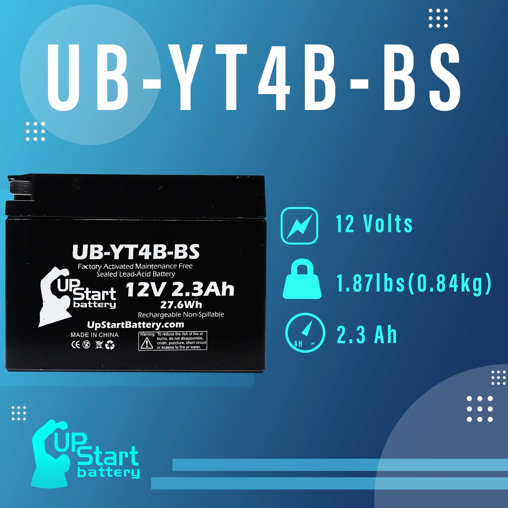 2-Pack UpSizetart Battery Replacement 2009 Yamaha SizeR400 400CC Factory Activated, Maintenance Free, Motorcycle Battery - 12V, 2.3Ah, UB-YT4B-BSize