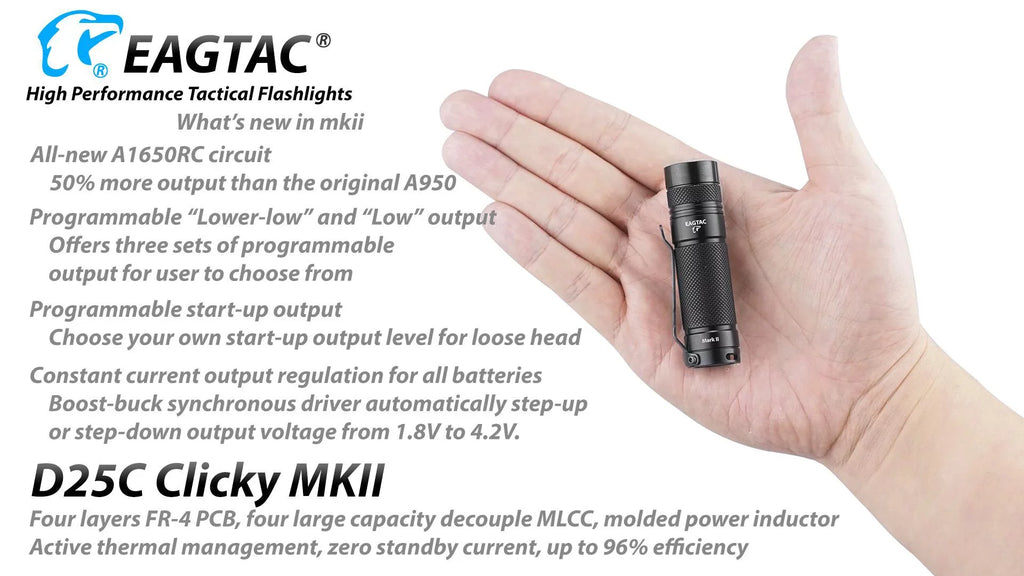 Eagletac D25C MKII Nichia 219C CRI92 LED Flashlight - 510 Lumen,  120 meter throw
