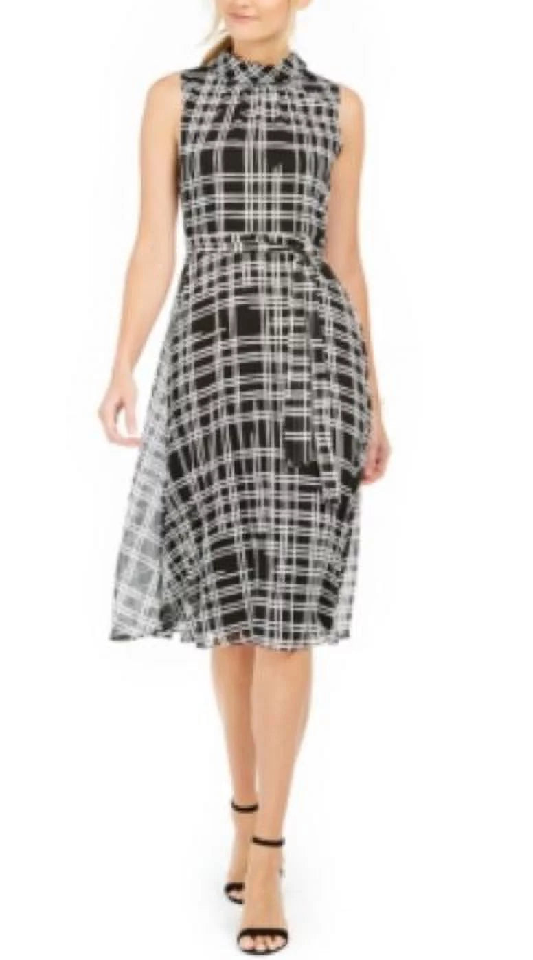 Karl Lagerfeld High Neck Grid Print Dress, Black/soft Ivory, 0