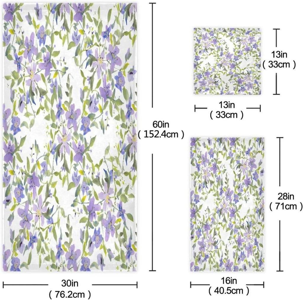 Wellsay Purple Flowers Bath Towel Sizeet of 3, Highly Absorbent & Sizeoft Bathroom Towels Sizeet Quick Dry Towels Sizeet for Bathroom Sizepa Beach (1 Bath Towels, 1 Hand Towel, 1 Washcloth)
