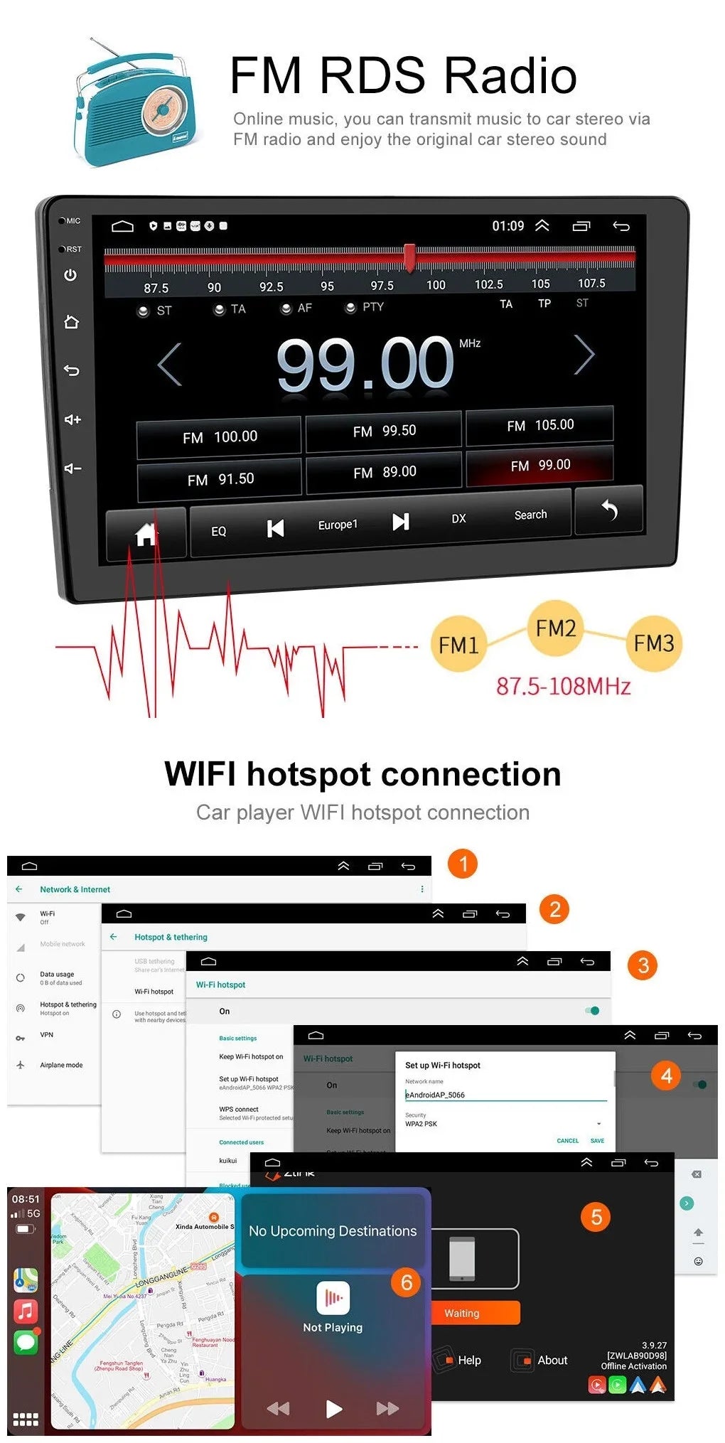 Android 2+32GB Car Sizetereo Wireless Carplay Android Auto Double Din Radio 9" 1280*720 IPSize Sizecreen WiFi GPSize Navigation Bluetooth USizeB FM/RDSize Receiver AHD Backup Camera