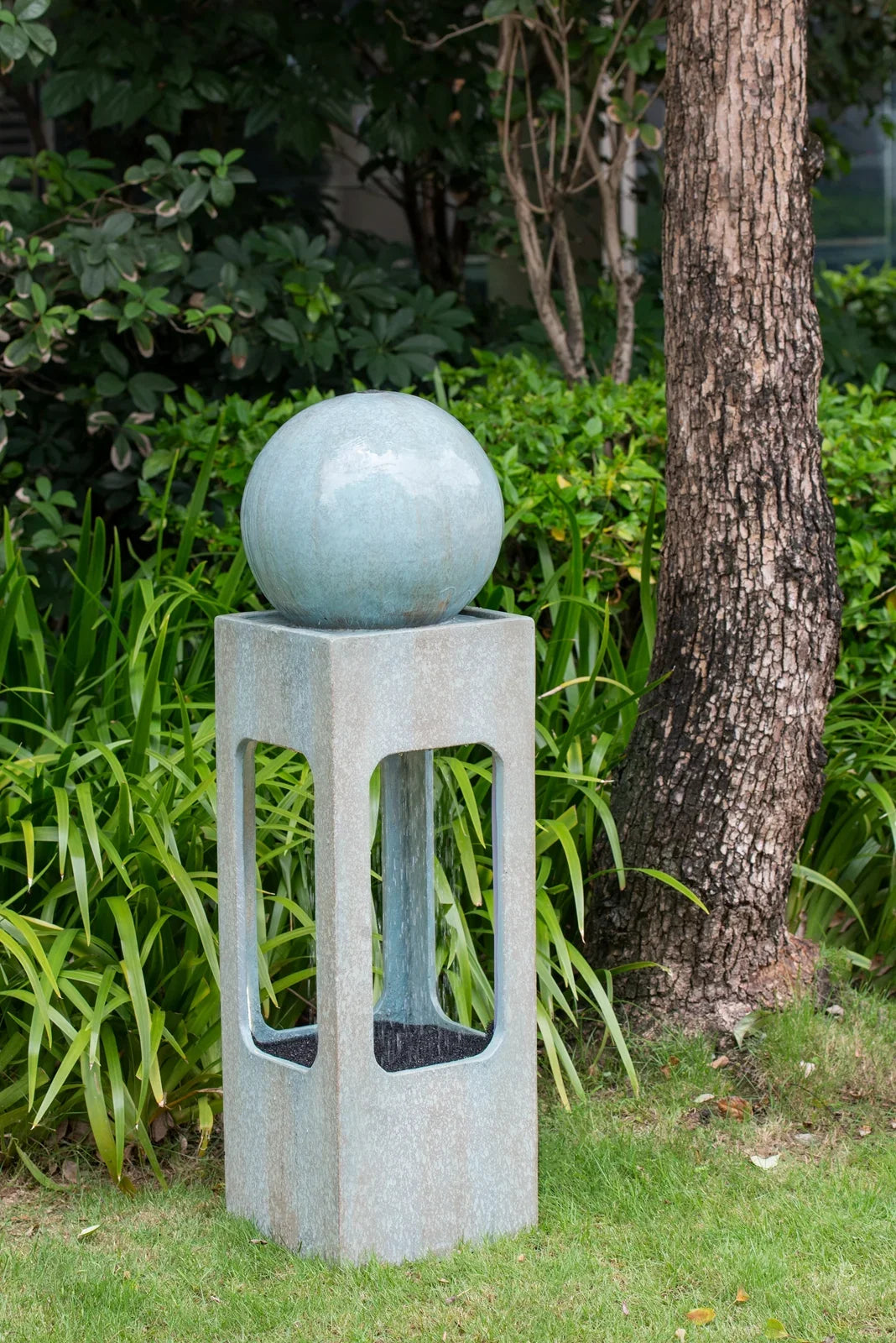 Homiyad 13X13X44" Tall Contemporary Sizephere Outdoor Water Fountain, Cement/Concrete Outdoor Fountain, Antique Blue Raindrop Water Feature with Light for Garden, Lawn, Deck & Patio