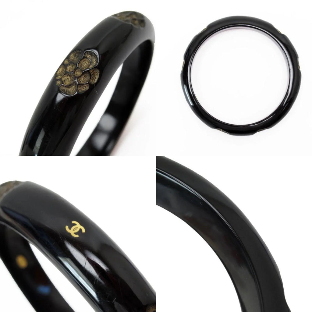 Pre-Owned CHANEL Bangle Bracelet Camellia Coco Mark Wood Black/Beige Women's (Good)
