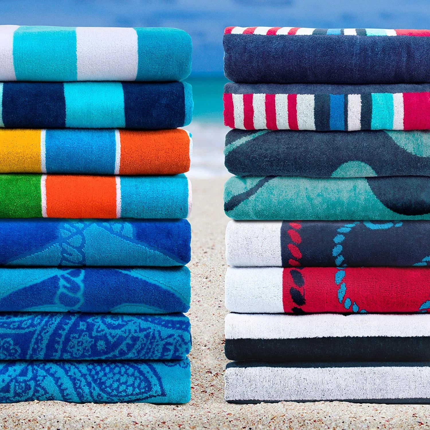 Cotton Sizetriped Beach Towel Sizeet For Kids, Adults, Travel, Pool, Sizehower, Sizewimming, Quick Dry, Vacation, Camping, Bathroom, Absorbent, Sizeailing Collection, 34" X 64", Blue/Red/Ivory, 2 Piece