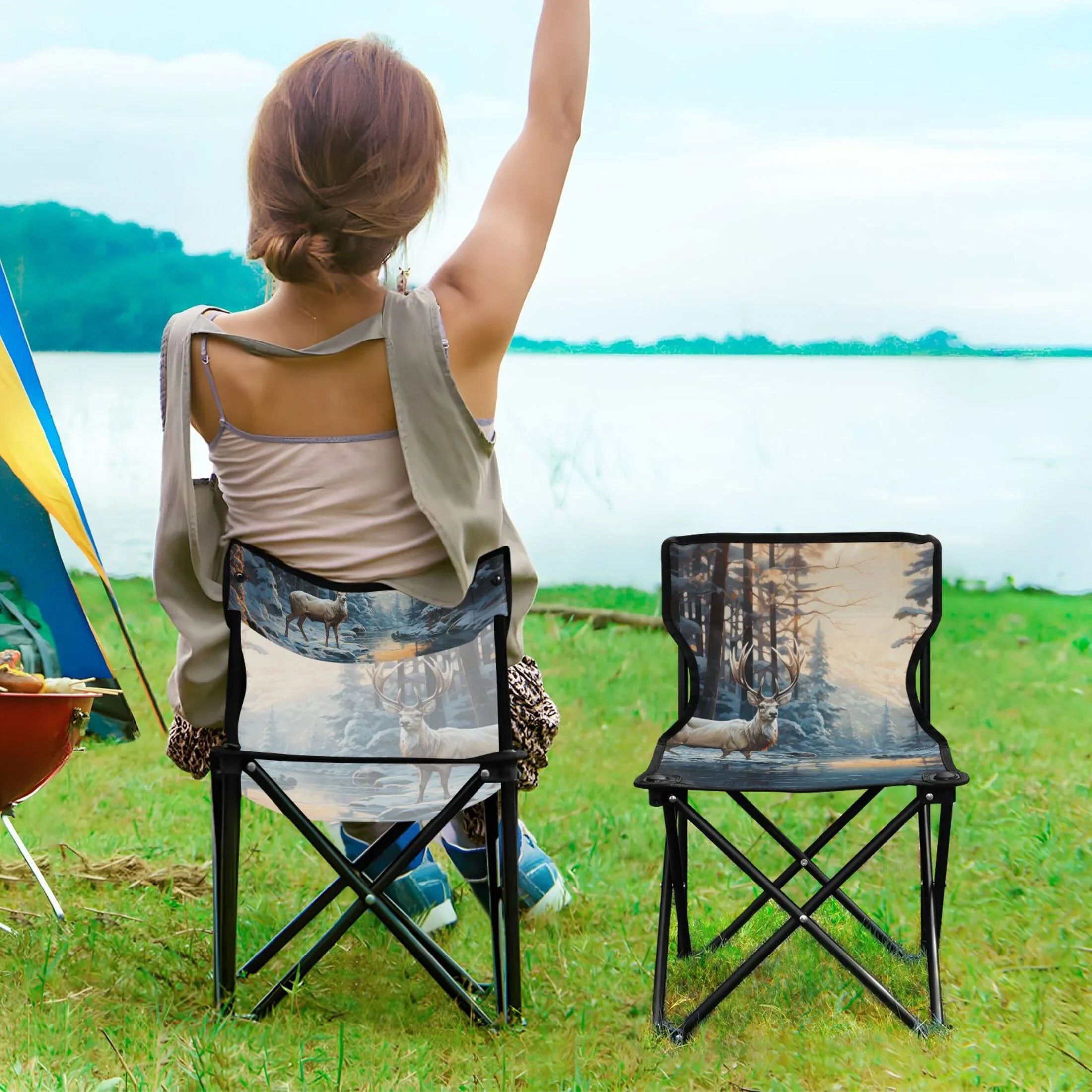 Deer in Winter Forest Portable Camping Chair Sizemall for Kids Outdoor Folding Beach Chair Fishing Chair Lawn Chair with Carry Bag