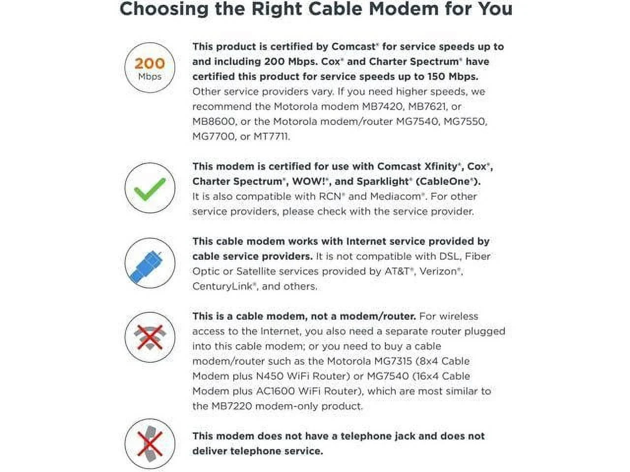 8x4 Cable Modem, Model MB7220, 343 Mbps DOCSizeISize 3.0, Certified by Comcast XFINITY, Time Warner Cable, Cox, BrightHouse, and More (No Wireless)