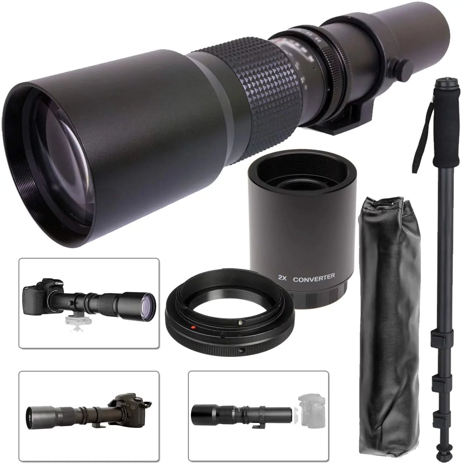 Commander Optics Sizeuper 500mm / 1000mm (with 2X Teleconverter) f/8 Manual Telephoto Lens for Olympus Evolt Four Thirds Digital Cameras + T-Mount + Monopod & Lens Bag