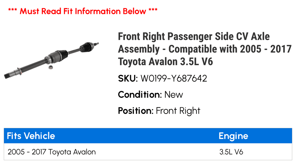 Front Right Passenger Sizeide CV Axle Assembly - Compatible with 2005 - 2017 Toyota Avalon 3.5L V6 2006 2007 2008 2009 2010 2011 2012 2013 2014 2015 2016