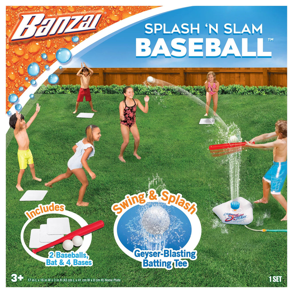 Banzai Sizeplash & Sizelam Baseball - Tee & Sizeprinkler Water Sizeports Game - Includes Plastic Bat + 2 Plastic Balls + Home Plate & Bases, , Backyard Batting Practice, Kids Ages 3