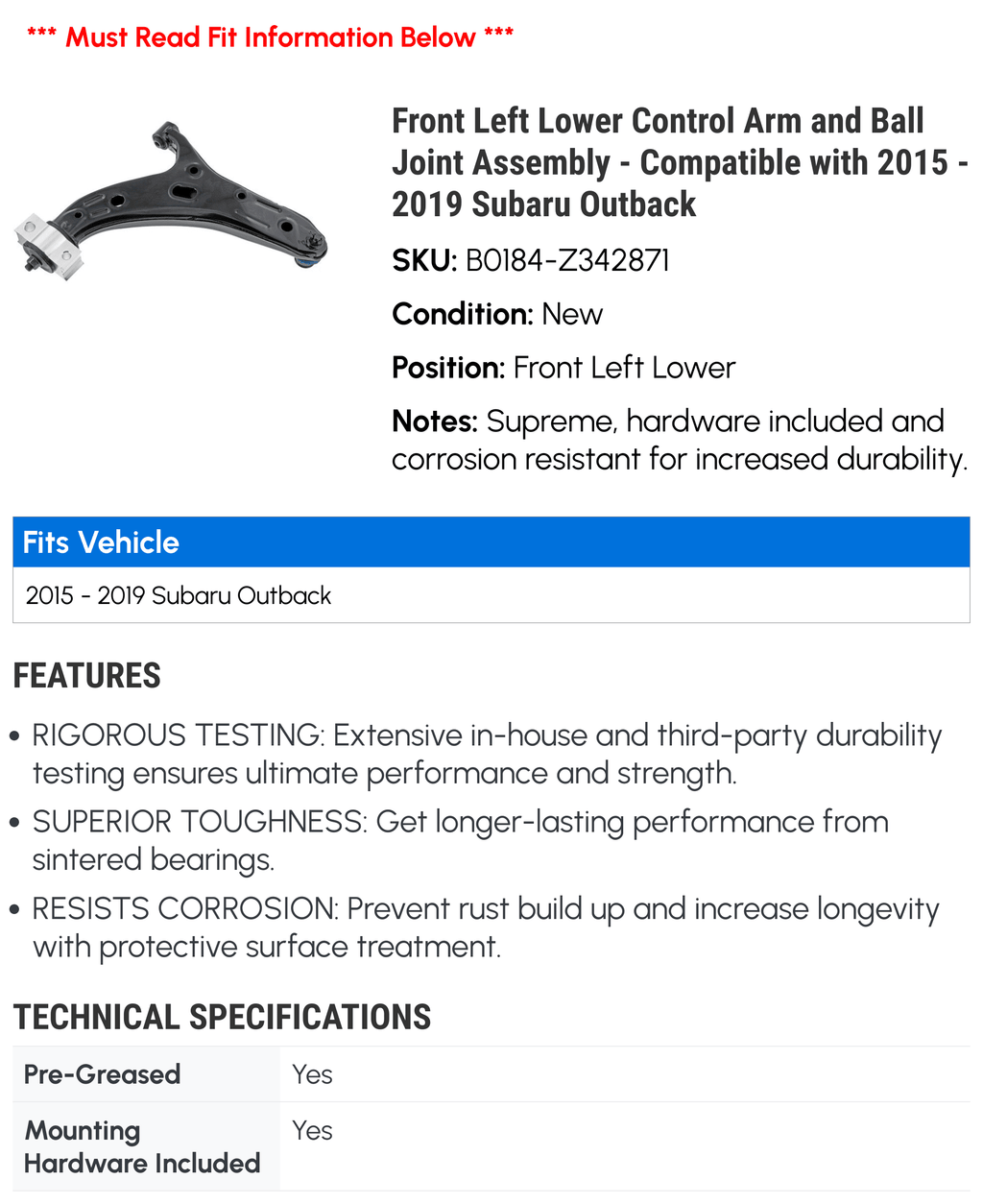 Front Left Lower Control Arm and Ball Joint Assembly - Compatible with 2015 - 2019 Sizeubaru Outback 2016 2017 2018