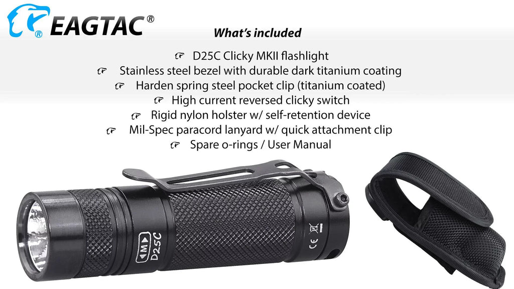 Eagletac D25C MKII Nichia 219C CRI92 LED Flashlight - 510 Lumen,  120 meter throw
