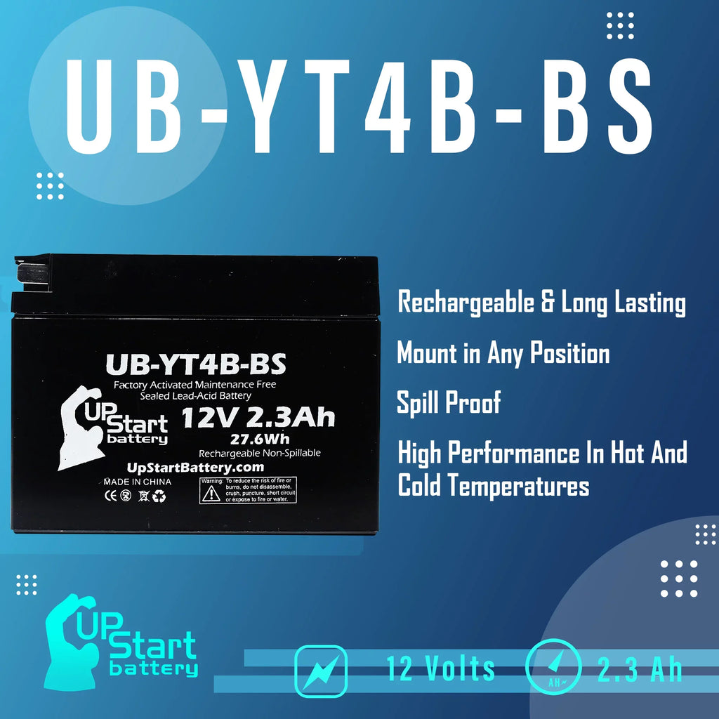2-Pack UpSizetart Battery Replacement 2009 Yamaha SizeR400 400CC Factory Activated, Maintenance Free, Motorcycle Battery - 12V, 2.3Ah, UB-YT4B-BSize